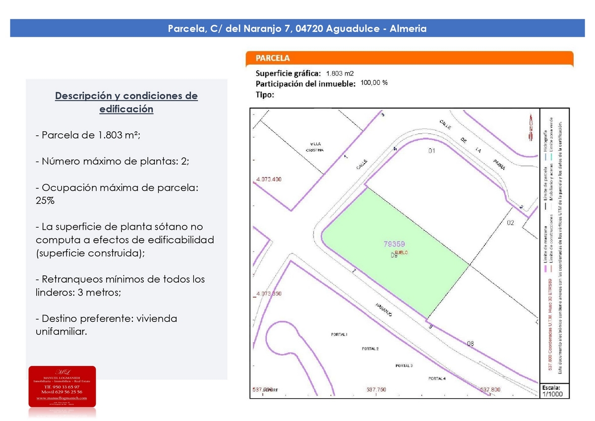 1.803m² großes Grundstück in zweiter Strandlinie, Aguadulce